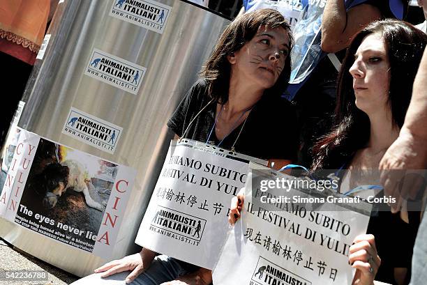 Animal rights activists demonstrated, near the Embassy of China, to protest against the Festival of Yulin to be held on June 21. Yulin is a Chinese...