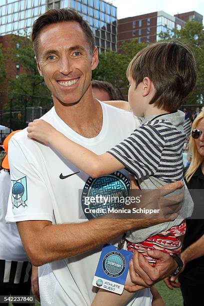 Retired professional basketball player and founder of the Steve Nash Foundation, Steve Nash and son Matteo Joel Nash, attend the 2016 Steve Nash...