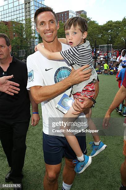 Retired professional basketball player and founder of the Steve Nash Foundation, Steve Nash and son Matteo Joel Nash, attend the 2016 Steve Nash...