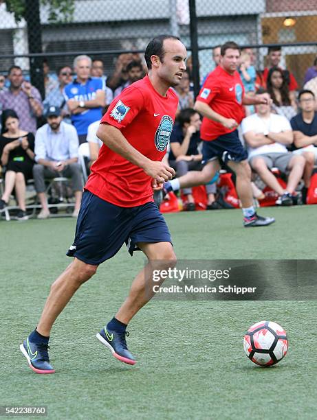 Retired professional soccer player Landon Donovan during the 2016 Steve Nash Foundation Showdown at Sara D. Roosevelt Park on June 22, 2016 in New...