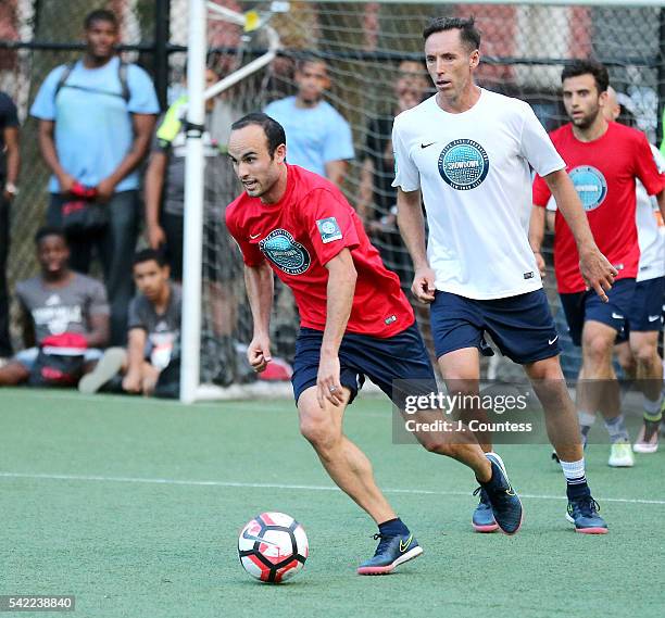 Former professional soccer player Landon Donovan plays against Retired NBA player Steve Nash during the 2016 Steve Nash Foundation Showdown at Sara...