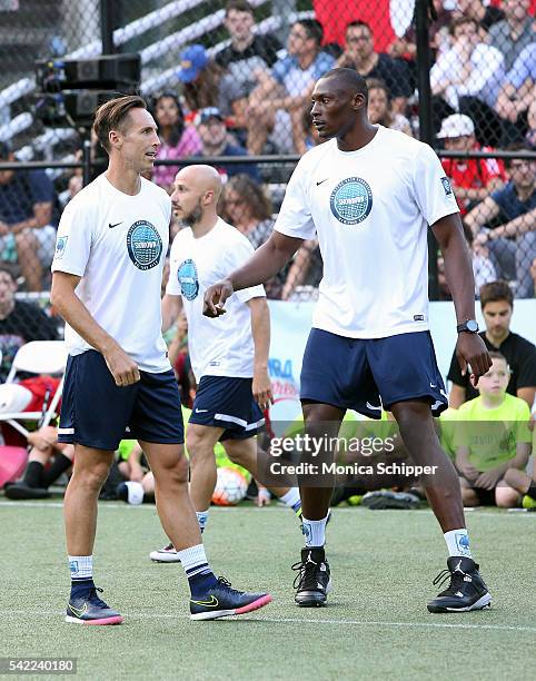 Retired professional basketball player and founder of the Steve Nash Foundation Steve Nash and professional basketball player Bismack Biyombo, during...