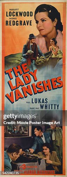 Poster for Alfred Hitchcock's 1938 comedy film 'The Lady Vanishes' starring Margaret Lockwood, Michael Redgrave, Paul Lukas, and Dame May Whitty.