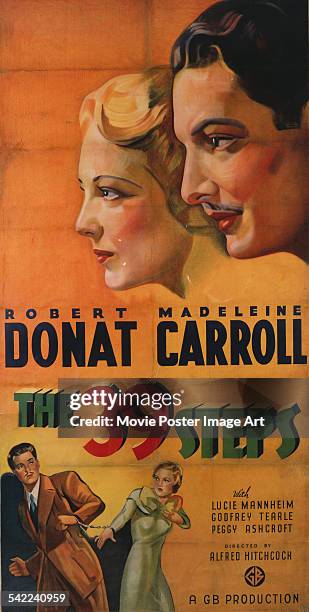 Poster for Alfred Hitchcock's 1935 mystery film 'The 39 Steps' starring Robert Donat and Madeleine Carroll.