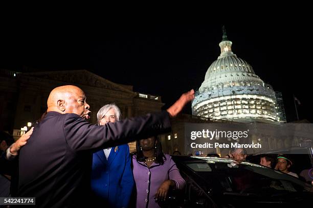 Civil rights icon Rep. John Lewis speaks to supporters of House Democrats taking part in a sit-in on the House Chamber outside the U.S. Capitol on...