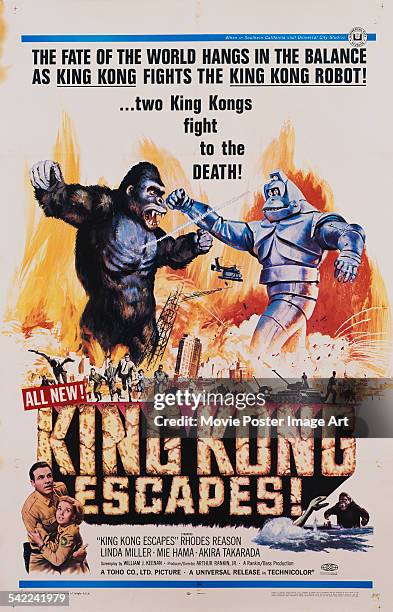 Poster for Ishirô Honda's 1967 adventure film 'King Kong Escapes' starring Rhodes Reason and Linda Miller.
