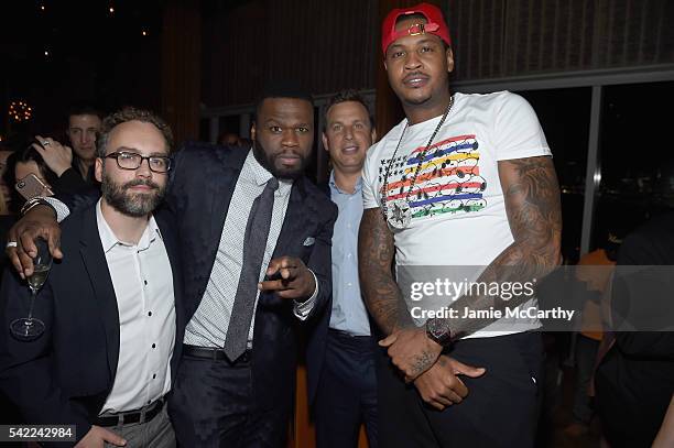 Ken Segna, Curtis Jackson, Jeffrey Hirsch and Carmelo Anthony attend the STARZ "Power" New York season three premiere after party at the Top of the...