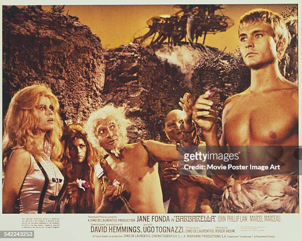 From left to right, actors Jane Fonda, Marcel Marceau and John Phillip Law appear on the poster for the Dino de Laurentiis Cinematografica fantasy...