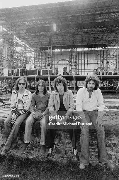 English pop group 10cc at Cardiff Castle for an open air concert at which they top the bill, Cardiff, Wales, 12th July 1975. Left to right: Eric...