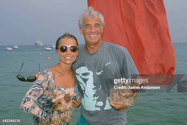 French actor Jean-Paul Belmondo with his wife Nathalie "Natty" and their dogs during their summer holiday in Saint Tropez.