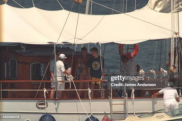 Lady Diana, Princess of Wales, with her sons Prince William, Duke of Cambridge and Prince Harry of Wales, on holiday in Saint-Tropez. They are...