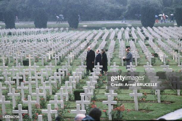 French President François Mitterrand and Chancellor of Germany Helmut Kohl pay homage to fallen soldiers from the First World War at a Franco-German...