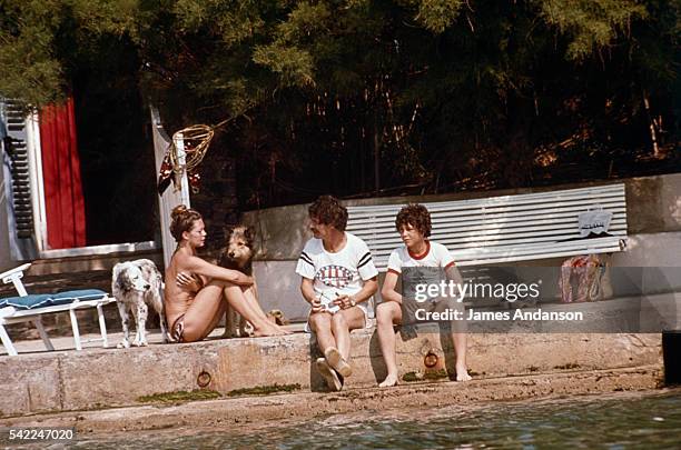 French actress Brigitte Bardot with her former husband, actor and artist Jacques Charrier, and their son Nicolas-Jacques , at La Madrague, her...