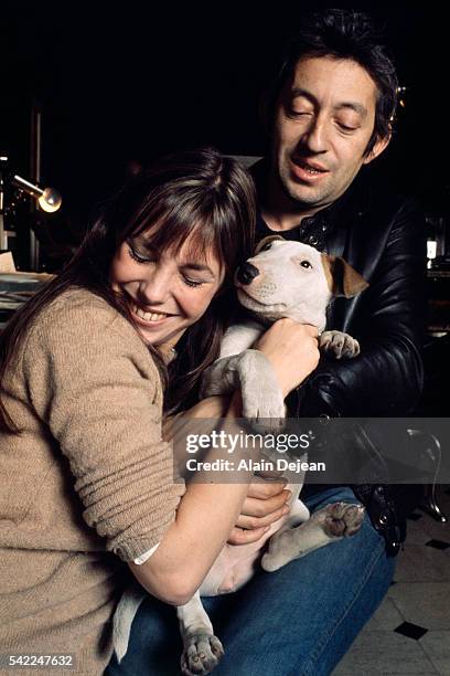 French singer and songwriter Serge Gainsbourg with his partner British singer and actress Jane Birkin at home in Paris.