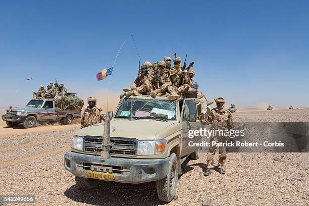 Soldiers of the Chadian Army on Patrol in area of Kidal in Mali. Chadian forces, trained in desert combat, have backed French forces in some of the...