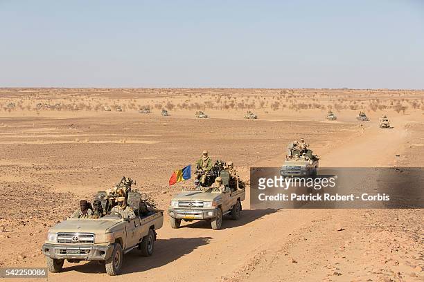 Soldiers of the Chadian Army on Patrol in area of Kidal in Mali. Chadian forces, trained in desert combat, have backed French forces in some of the...