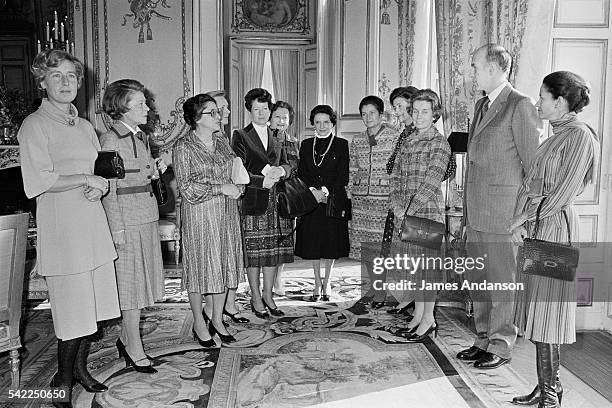 French President Valery Giscard d'Estaing at the Elysee Palace, with his wife Anne-Aymone and female members of government, Paris, 30th November...