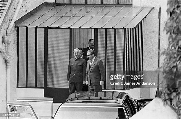 Henry Kissinger, the US Secretary of State and National Security Affairs assistant to President Richard Nixon, leaves a villa in Gif-sur-Yvette after...