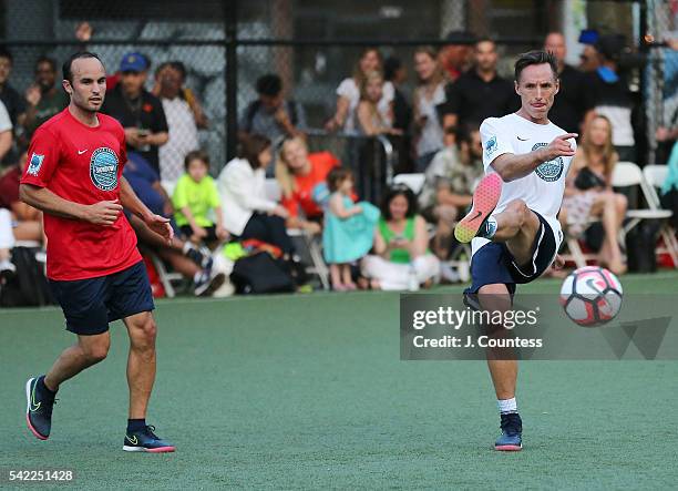 Former professional soccer player Landon Donovan plays against Retired NBA Player Steve Nash during the 2016 Steve Nash Foundation Showdown at Sara...