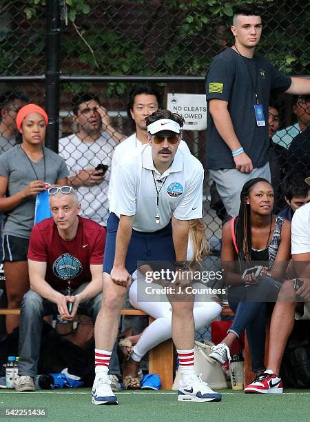 Coach Ted Lasso coaches from the sidelines during the 2016 Steve Nash Foundation Showdown at Sara D. Roosevelt Park on June 22, 2016 in New York City.