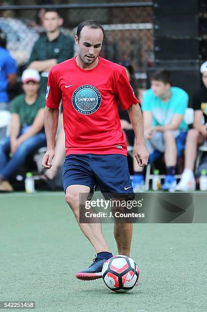 Former professional soccer player Landon Donovan plays during the 2016 Steve Nash Foundation Showdown at Sara D. Roosevelt Park on June 22, 2016 in...