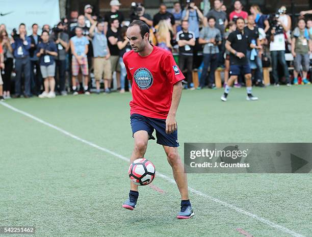 Former professional soccer player Landon Donovan plays during the 2016 Steve Nash Foundation Showdown at Sara D. Roosevelt Park on June 22, 2016 in...