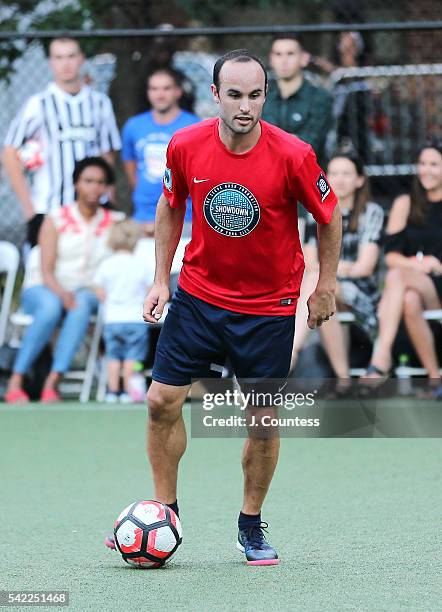 Former professional soccer player Landon Donovan plays during the 2016 Steve Nash Foundation Showdown at Sara D. Roosevelt Park on June 22, 2016 in...