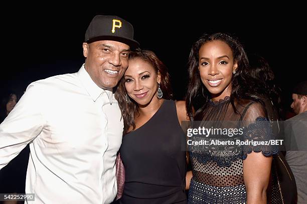 Choreographer Frank Gatson Jr., actress Holly Robinson Peete, and singer Kelly Rowland attend Debra Lee's PRE kicking off the 2016 BET Awards on June...