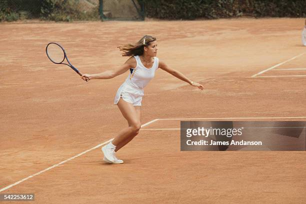 Princess Caroline of Monaco on the tennis court, playing tennis during a Monte Carlo Country club tennis tournament organized by the "Société des...
