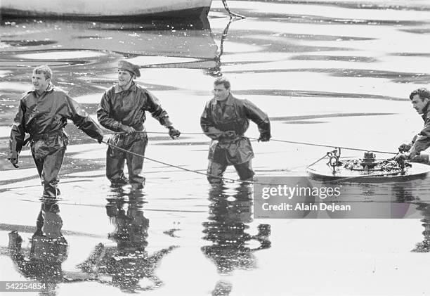 Volunteers cleaning up oil, spread by high winds, after the Amoco Cadiz disaster. The supertanker Amoco Cadiz ran aground off the coast of Brittany...