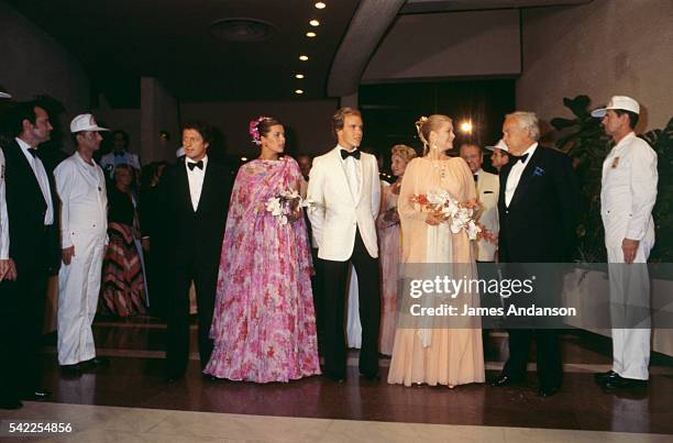 Princess Caroline of Monaco, Prince Albert of Monaco, Princess Grace and Prince Rainier III of Monaco arrive for the annual Red Cross Ball.