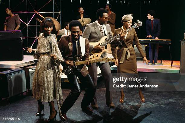 American band Chic, with members guitarist, music producer, songwriter, composer, and arranger, Nile Rodgers, bassist and also music producer,...