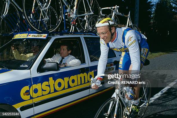 French road racing cyclist Laurent Fignon and his directeur sportif Cyrille Guimard, during the 1991 Paris-Nice.