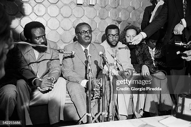 Secretary General of the Popular Movement for the Liberation of Angola Agostinho Neto gives a press conference at the Lisbon airport.