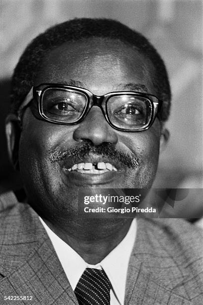 Secretary General of the Popular Movement for the Liberation of Angola Agostinho Neto gives a press conference at the Lisbon airport.