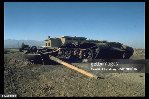 Syrian tank destroyed by Israeli soldiers on the Golan plateau.