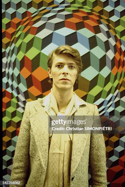 British singer, songwriter and actor David Bowie in the workshop of Hungarian French artist Victor Vasarely.