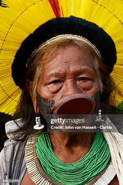 Indian Chief Raoni Metuktire of the Kayapo tribe in the Amazon prepares to leave his village for a trip to Europe to campaign against the...