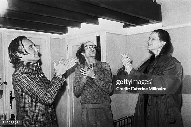 American actor Dennis Hopper, Belgian director Francois Weyergans, and German actress Veruschka von Lehndorff on set of Weyergans's film Couleur...