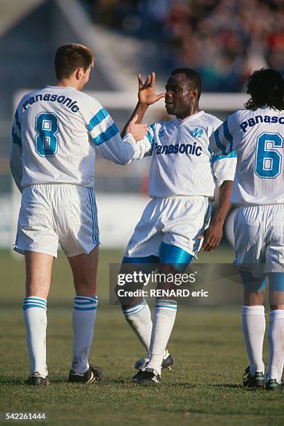 Chris Waddle and Basile Boli celebrate a goal for Olympique Marseille during the 1991-1992 season.