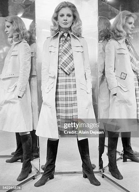 Model wears an outfit designed by Ted Lapidus during the 1972 Spring/Summer fashion collection.