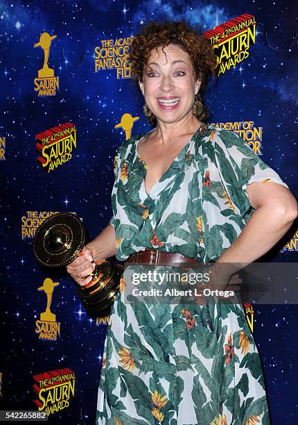 Actress Alex Kingston poses in the pressroom at the 42nd annual Saturn Awards at The Castaway on June 22, 2016 in Burbank, California.