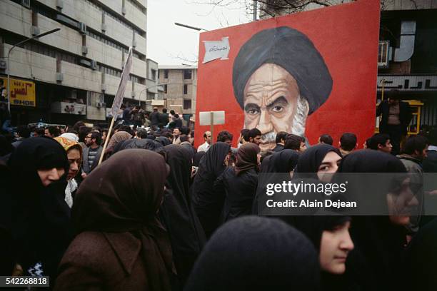 Iranian women take to the streets in support of Ayatollah Khomeini during the Iranian Revolution.