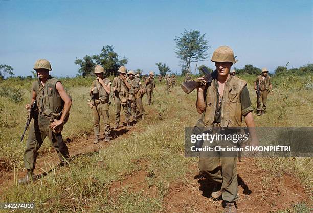 Marines on patrol during "Operation Prairie" in Vietnam.