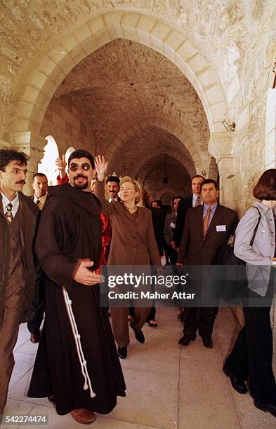 Hillary Clinton leaving the Basilica of the Nativity in Bethlehem on the West Bank.