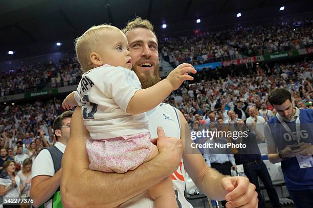 Sergio Rodrguez of Real Madrid celebrate their victory over the 2015-16 ACB League FC Barcelona in the Barclaycard Center in Madrid, Spain on June...