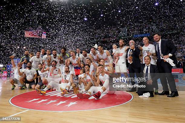 Players of Real Madrid celebrate their victory over the 2015-16 ACB League FC Barcelona in the Barclaycard Center in Madrid, Spain on June 22, 2016