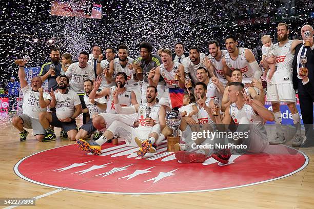 Players of Real Madrid celebrate their victory over the 2015-16 ACB League FC Barcelona in the Barclaycard Center in Madrid, Spain on June 22, 2016