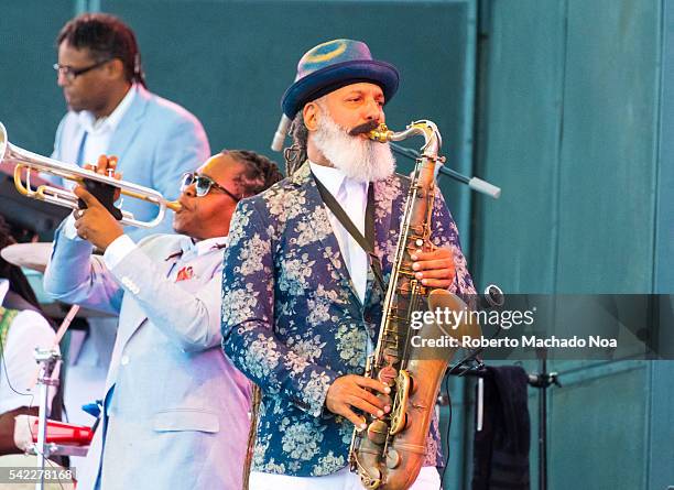 Arturo Tappin Band stage performing at Harbourfront centre. An initiative taken by Barbados Turism Marketing. Band members happly playing...