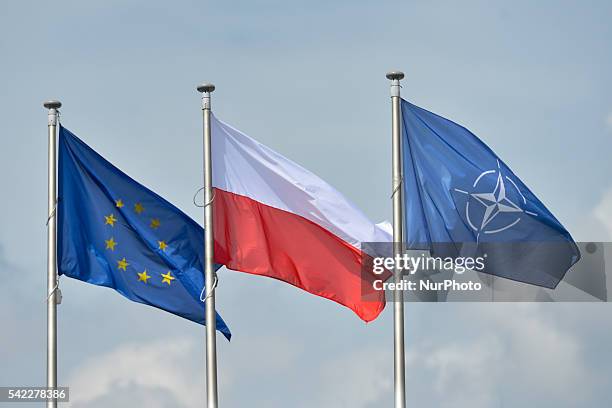 View of EU, Polish and NATO flags at the Presidential Palace in Warsaw. On Tuesday, 21 June 2016, in Warsaw, Poland.